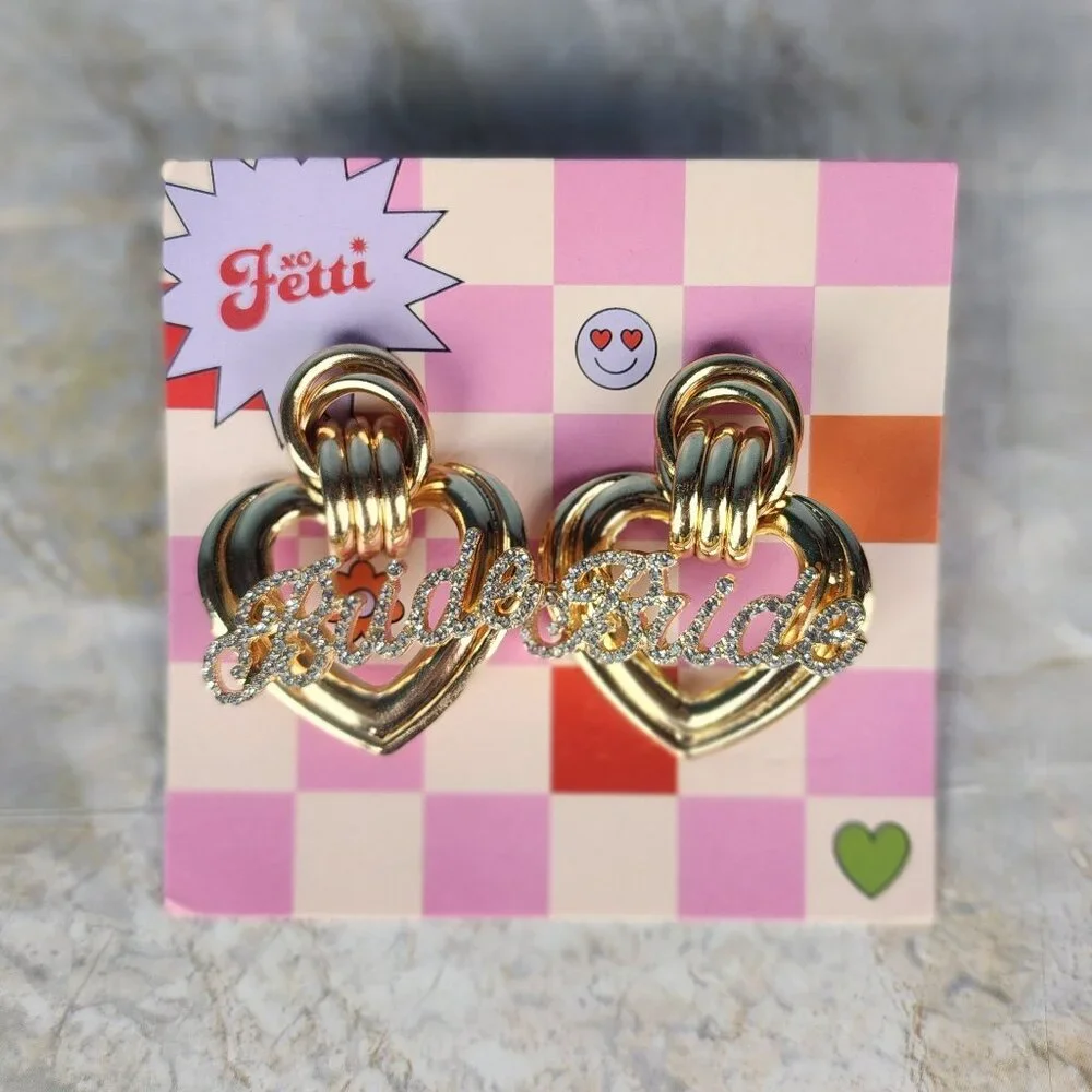 XO Fetti Gold metal heart earrings Rhinestone "Bride" - Picture 5 of 5